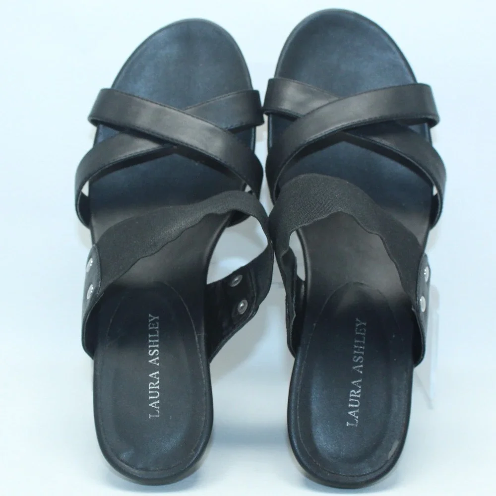 Laura Ashley Black Cutout Wedge Platform Sandals LA-ALBANS2 Silver Trim Mens 11M